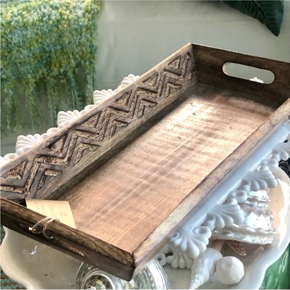 NWT Solid Wood Chevron Style Carved Handle Display Tray - Picture 2 of 5